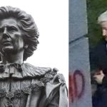 Anziana beccata a scrivere un insulto sulla statua di Margaret Thatcher.